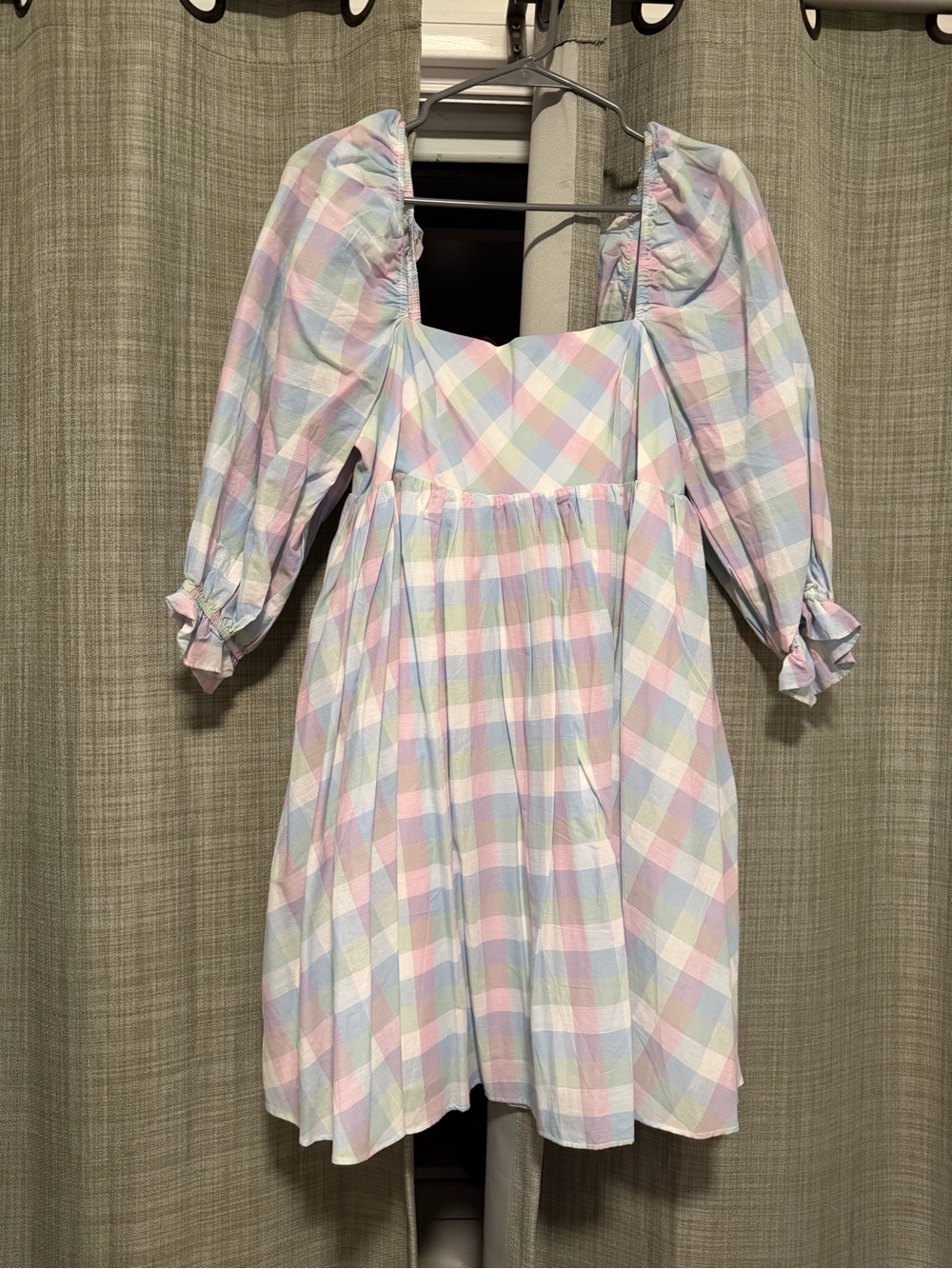Storia Pastel Plaid Puff-Sleeve Dress in Pink, Blue, Green & Cream
